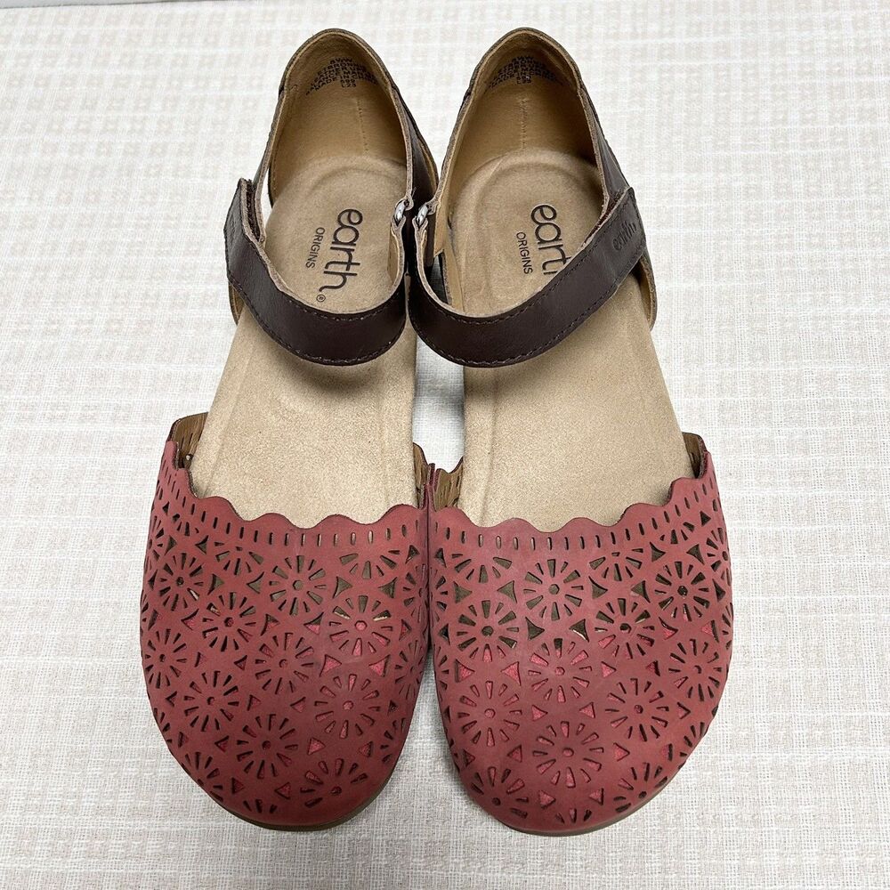 Earth Origins Size 8.5 W Pink & Brown Leather Laser Cut Mary Jane Flats Sandals